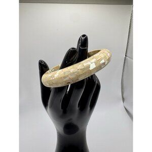 Vintage White Mother of Pearl Shell Inlay Bangle Bracelet Boho